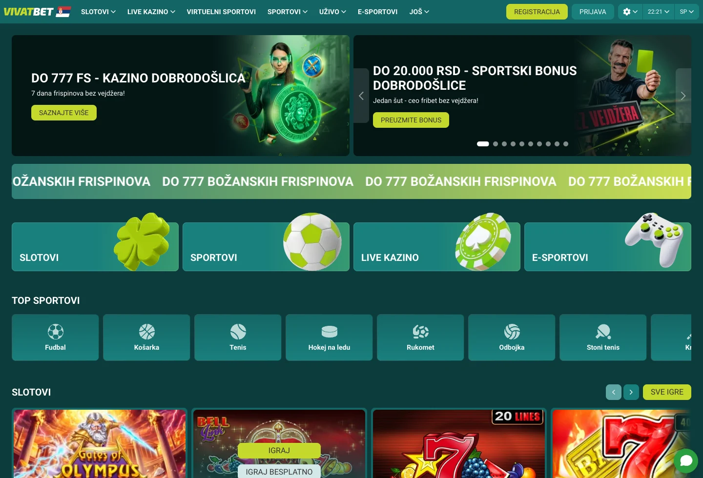 Stvarni javni interfejs sajta operatora: VivatBet